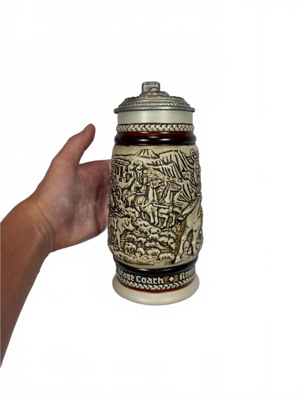 Vintage 1980 Avon Western Round-Up Beer Stein Ceramarte Cattle Drive Stage Coach